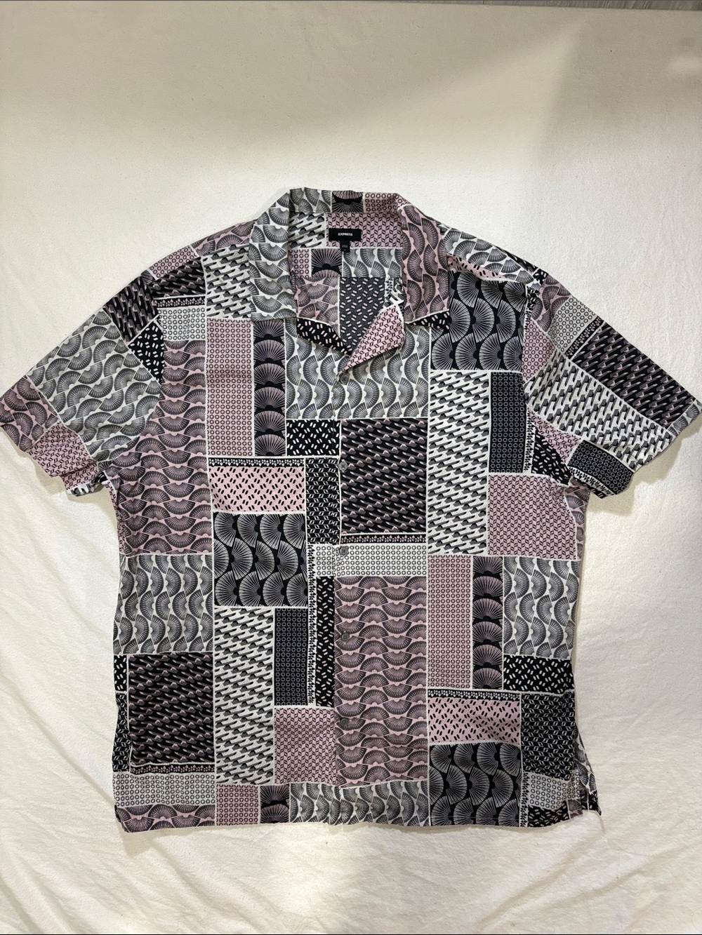 Express Men’s XL Black Pink Geometric Patchwork Camp Collar Button Up Shirt